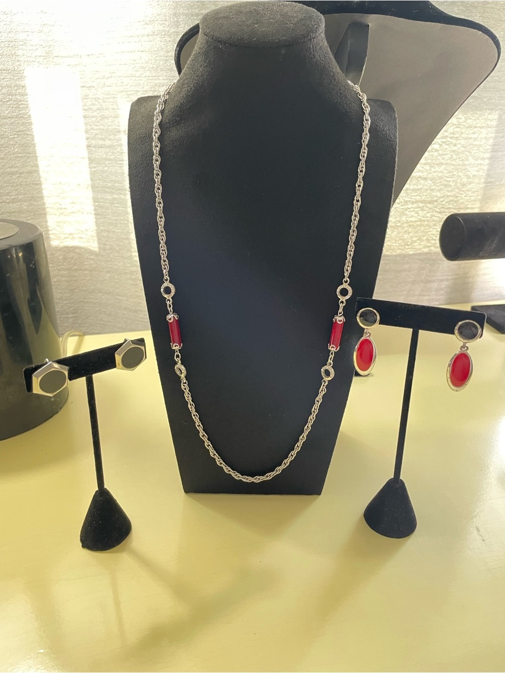 Sterling Silver Long Necklace and Red Stone Drop Earrings Set